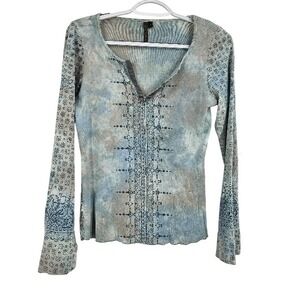 Vintage Y2K Language Los Angeles T-shirt Green Goth Bell Sleeve Henley Tee Top S